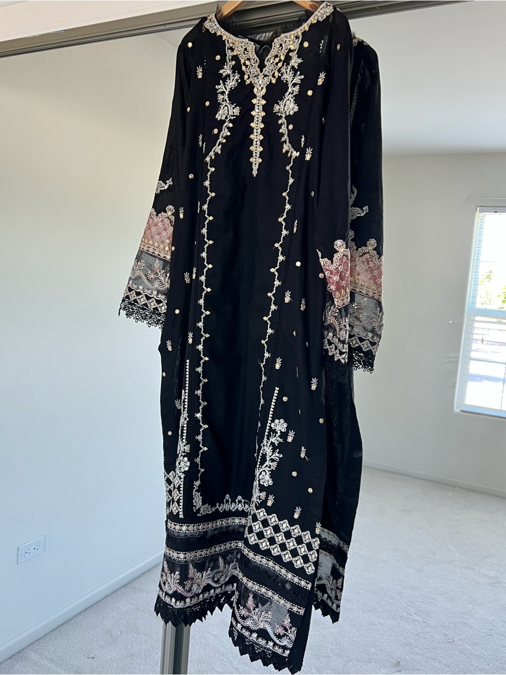 Qalamkar 3 piece- Black Embroidered Long Sleeve Women's Dress